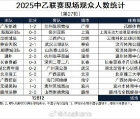 2025中乙联赛现场观众人数统计（第27轮）