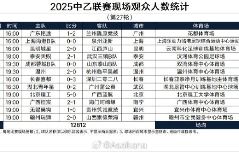 2025中乙联赛现场观众人数统计（第27轮）